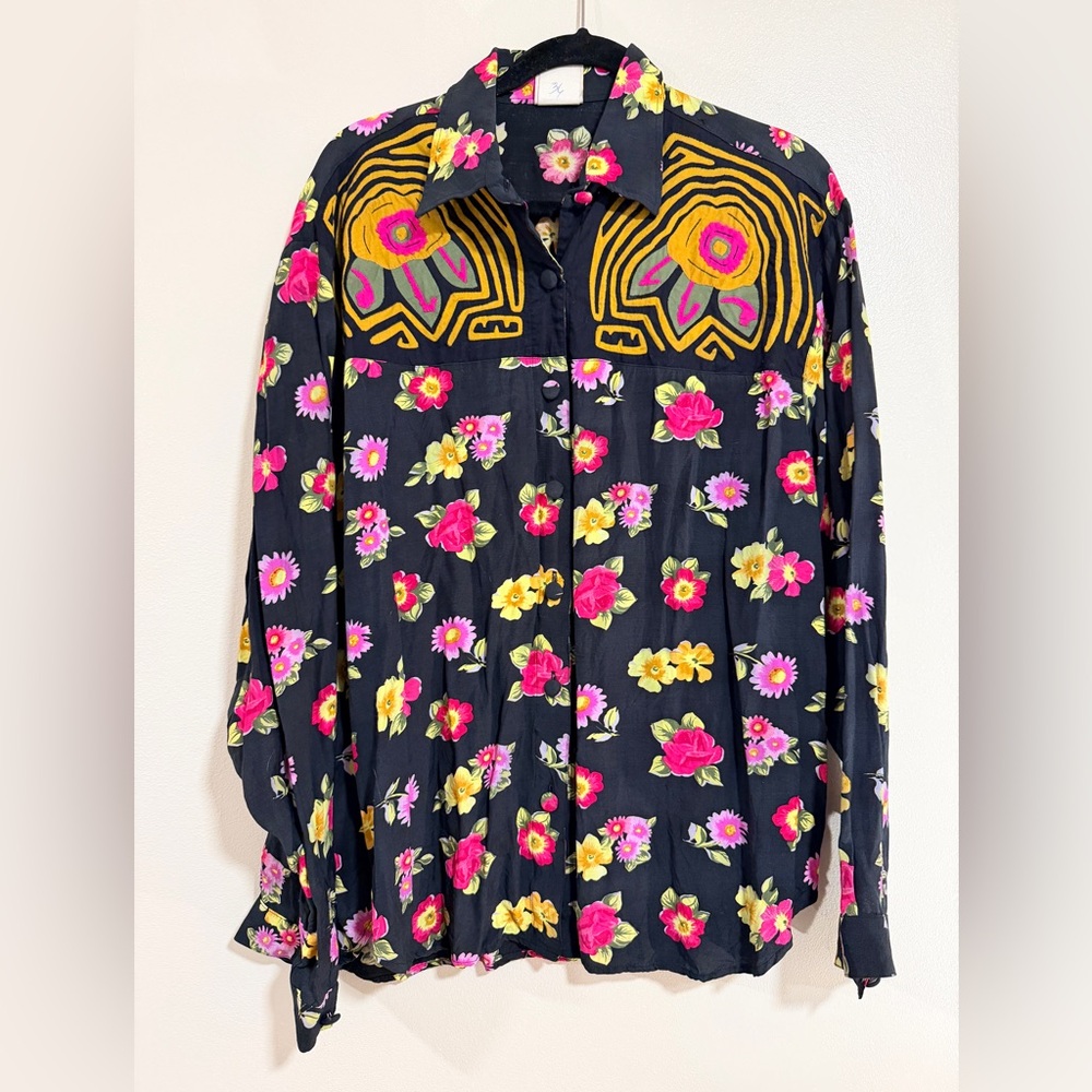 vintage Mola Embroidery floral button down blouse size L boho maximalist vibrant